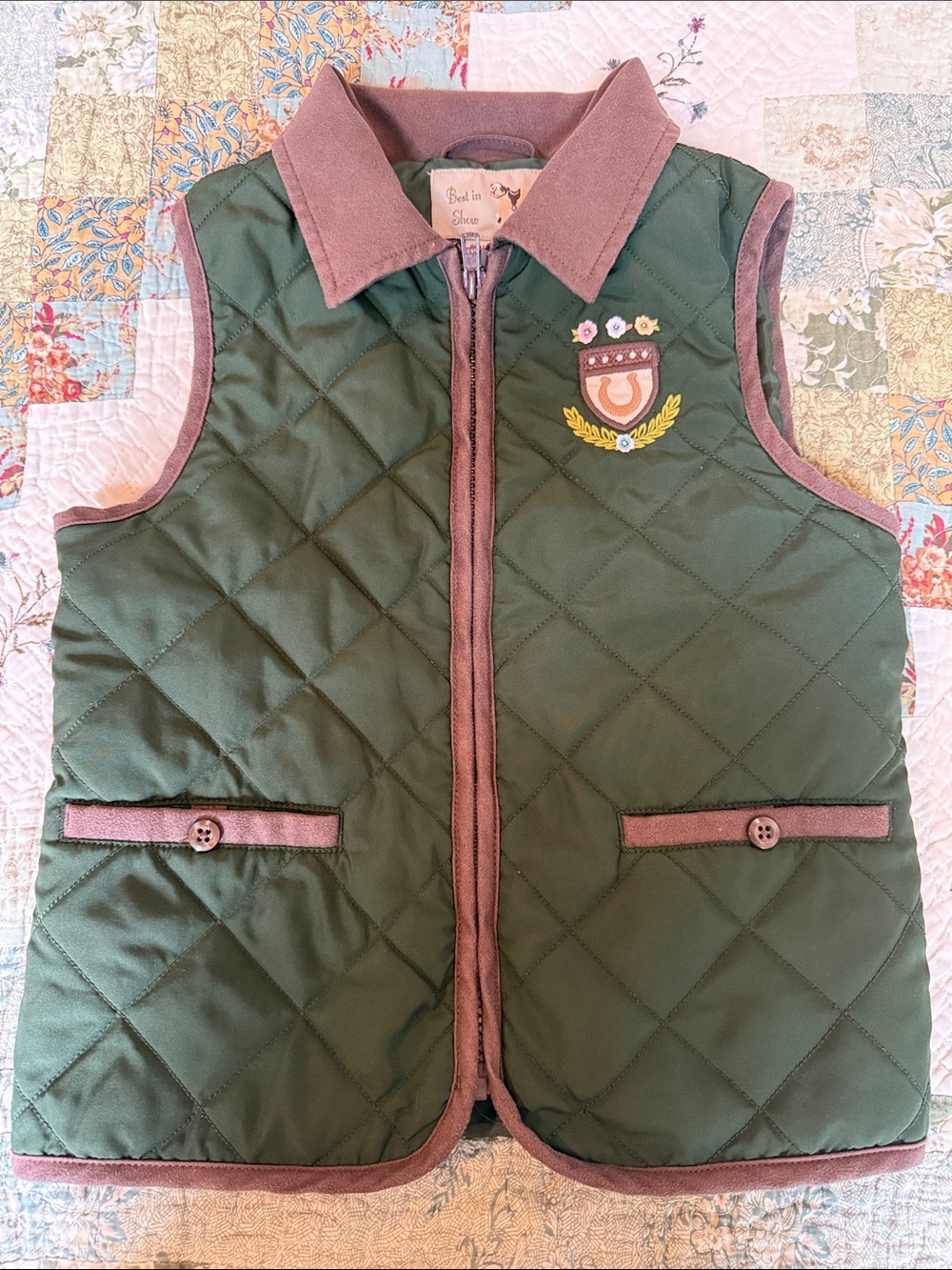 Equestrian Horse Quilted Green Vest Girls size 9 (Rare)